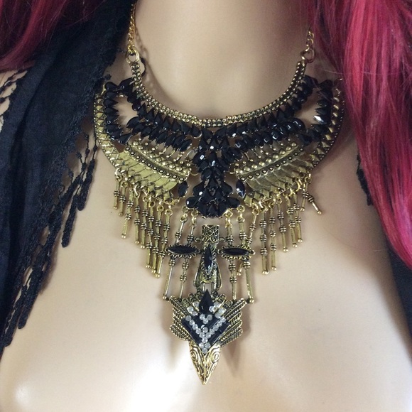 🍒GOLD BLACK ONYX BIB LARGE CHUNKY NECKLACE BOHO - Picture 2 of 6